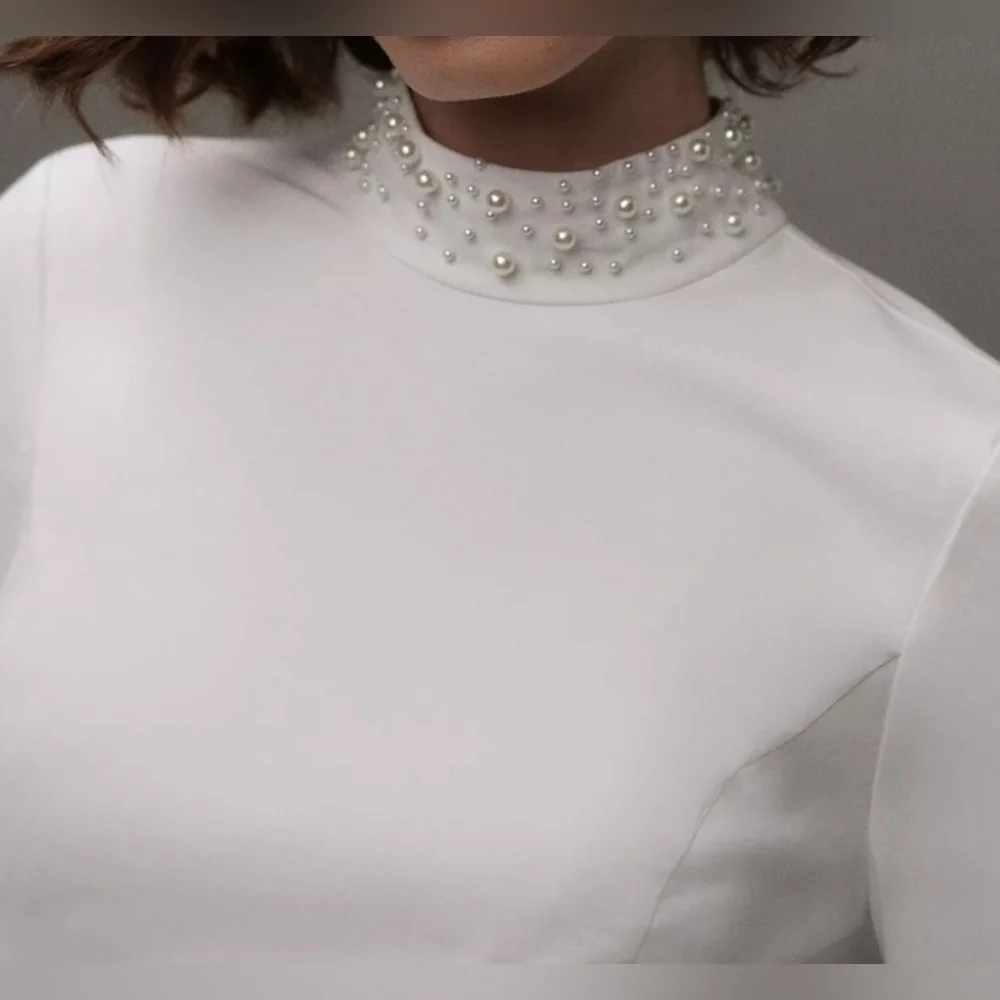 BHLDN Brynlee Mock-Neck 3/4 Sleeve Mini Dress w Pearl Accents, Ivory, LARGE